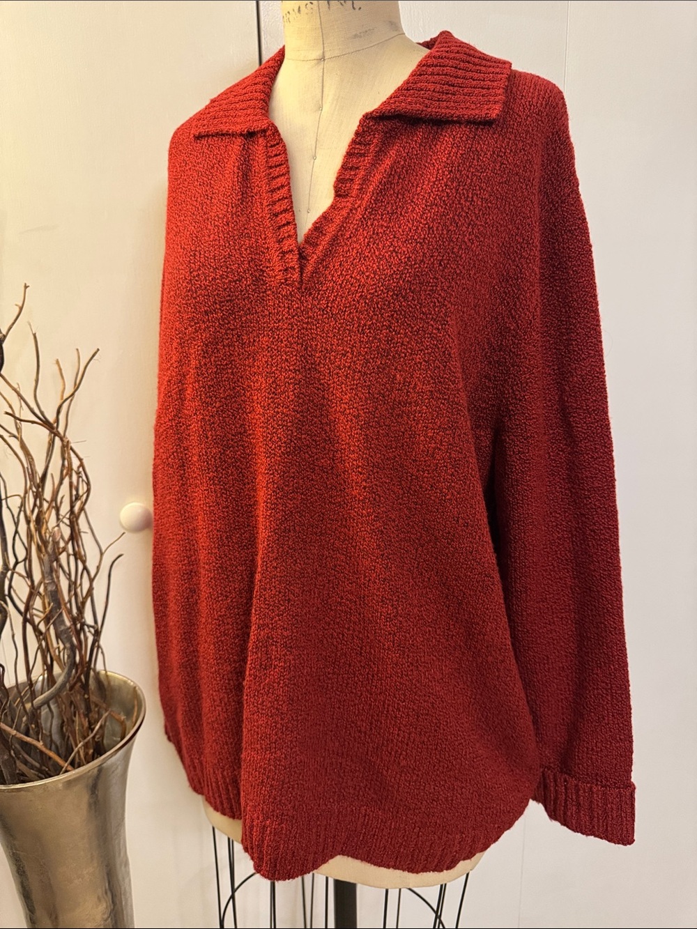 Carolyn Taylor Deep Brick Red V-Neck Open Collar Sweater